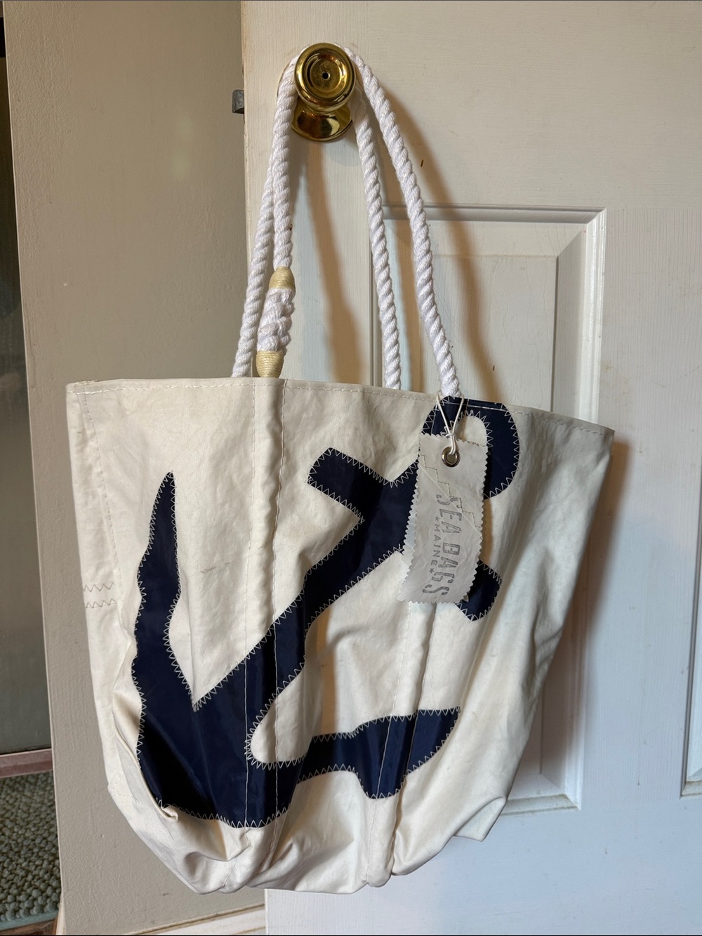 White Canvas Tote with Navy Anchor and Rope Handles